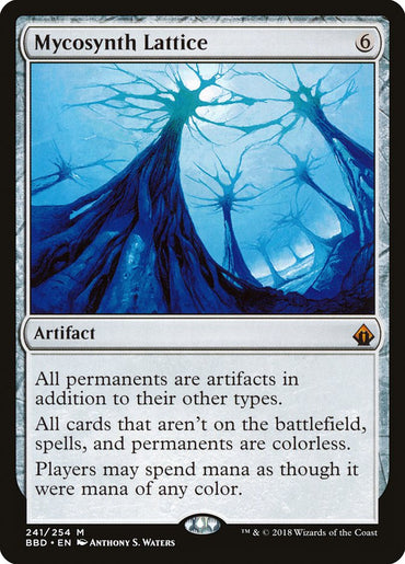 The "Mycosynth Lattice [Battlebond]" card from Magic: The Gathering showcases a surreal, blue-tinted organic structure composed of interconnected tubes and spires. As an artifact card with a casting cost of six colorless mana, it changes card types, colors, and mana requirements during play.