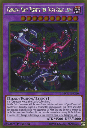 A Yu-Gi-Oh! trading card titled "Crimson Nova Trinity the Dark Cubic Lord [MVP1-ENG40] Gold Rare" from The Dark Side of Dimensions Movie Pack. This Gold Rare card shows a dark, multi-headed demonic creature with glowing red eyes and multiple arms wielding weapons. As a Fusion/Effect Monster, it boasts 4500 ATK and 3000 DEF with detailed summoning and battle effects.