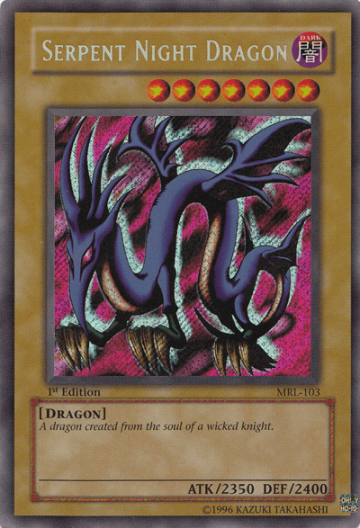 A Yu-Gi-Oh! trading card titled "Serpent Night Dragon [MRL-103] Secret Rare," a Secret Rare from the Magic Ruler set. The card features a menacing, serpentine dragon with dark purple scales and long, curling horns against a vibrant, swirling background. It's a 1st Edition Normal Monster with an ATK of 2350 and DEF of 2400. Card ID is MRL-103.