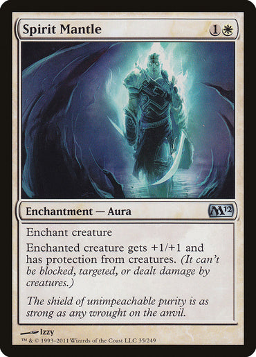 The Spirit Mantle [Magic 2012] card from Magic: The Gathering features a glowing armored figure in a blue spectral aura. This Enchantment-Aura requires 1 white and 1 generic mana, boosting an enchanted creature's stats by +1/+1 and providing crucial protection from creatures.