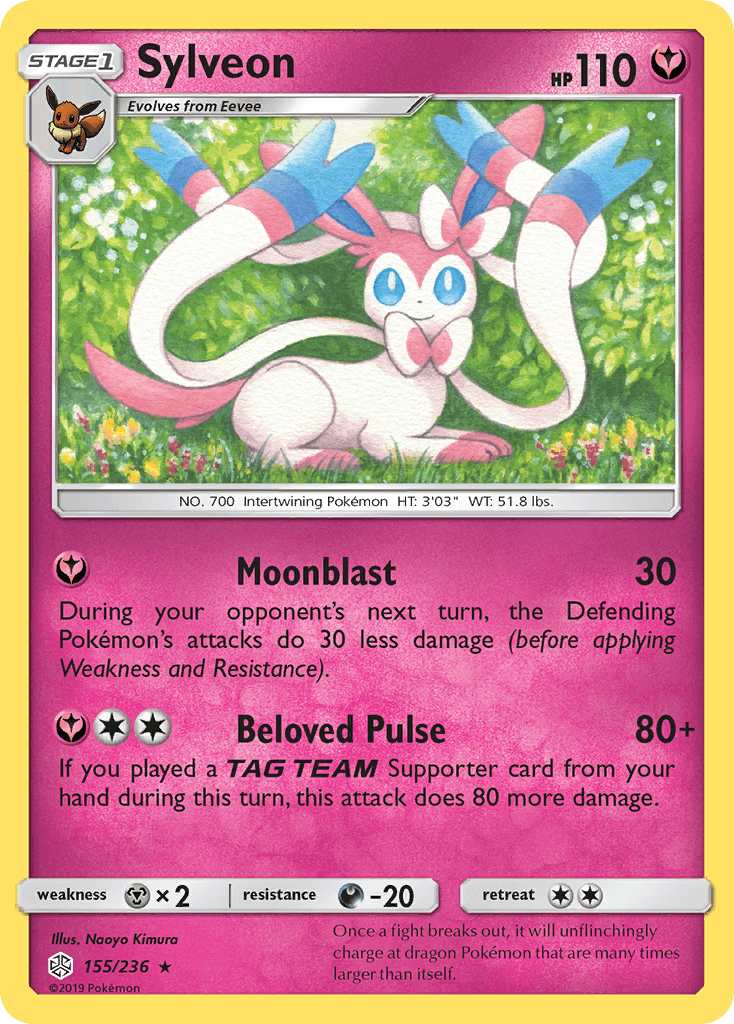 Pokémon Sylveon (155/236) [Sun & Moon: Cosmic Eclipse] featuring Sylveon, a pink and white Fairy-type Pokémon with ribbon-like feelers. Sylveon is outlined in gold with 