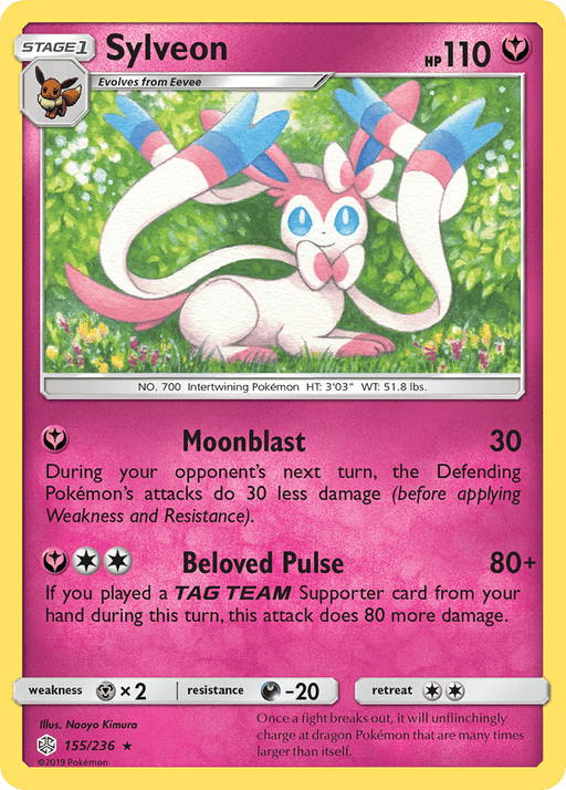 Pokémon Sylveon (155/236) [Sun & Moon: Cosmic Eclipse] featuring Sylveon, a pink and white Fairy-type Pokémon with ribbon-like feelers. Sylveon is outlined in gold with "HP 110" at the top and has moves "Moonblast" and "Beloved Pulse." The card is part of the Sun & Moon: Cosmic Eclipse series, illustrated by Naoyo Kimura.