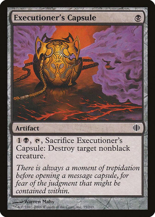 Magic: The Gathering card from Shards of Alara named Executioner's Capsule [Shards of Alara]. The card is an artifact showing a dark, ominous capsule with a chain and a skull emblem, surrounded by purple smoke. Its text reads, "1B, Tap, Sacrifice Executioner's Capsule: Destroy target nonblack creature." Illustrated by Warren Mahy.