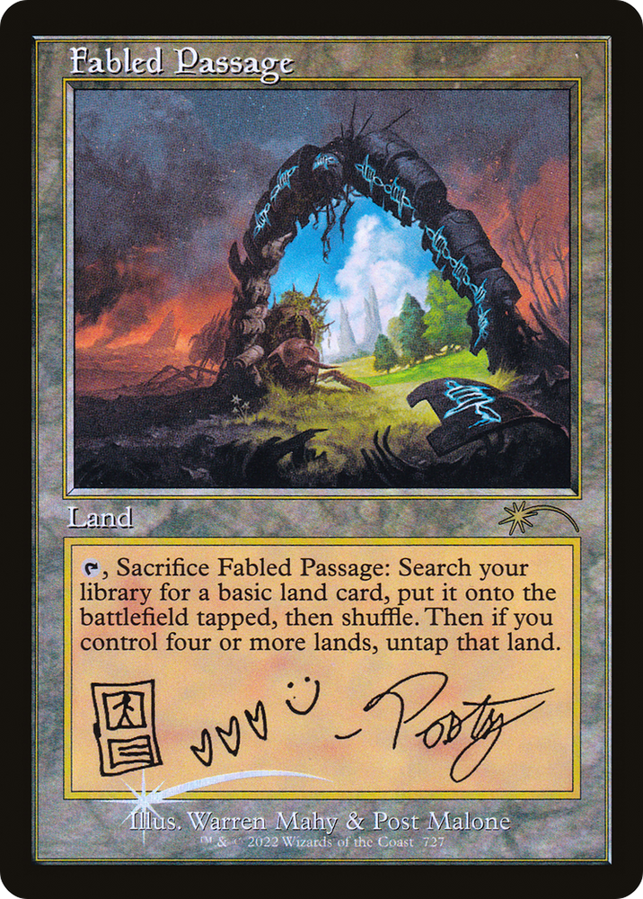 The "Fabled Passage [Secret Lair Drop Promos]," a rare land card from Magic: The Gathering, features a mystical archway adorned with runes that leads to a vibrant landscape. This special edition includes unique symbols and hearts signed by Post Malone. The illustration by Warren Mahy and Post Malone adds to its enchanting allure.