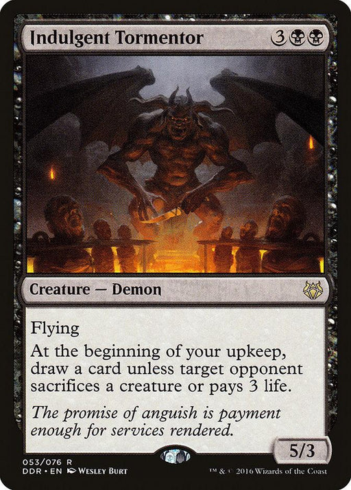 A Magic: The Gathering card titled "Indulgent Tormentor [Duel Decks: Nissa vs. Ob Nixilis]," featured in Duel Decks. This rare Creature — Demon showcases artwork of a demonic figure with large wings and clawed hands, hovering in a foreboding setting. Costing 3 black and 2 generic mana, it boasts 5 power, 3 toughness, flying, and a triggered ability.