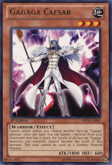 A Yu-Gi-Oh! trading card titled "Gagaga Caesar [ABYR-EN001] Rare." This Effect Monster features an armored warrior with silver hair and a horned helmet. They wear a blue cape and hold a sword. The card attributes include EARTH type, Warrior/Effect, ATK 1800, DEF 600, and detailed effect text. The card is 1st Edition, ABYR-