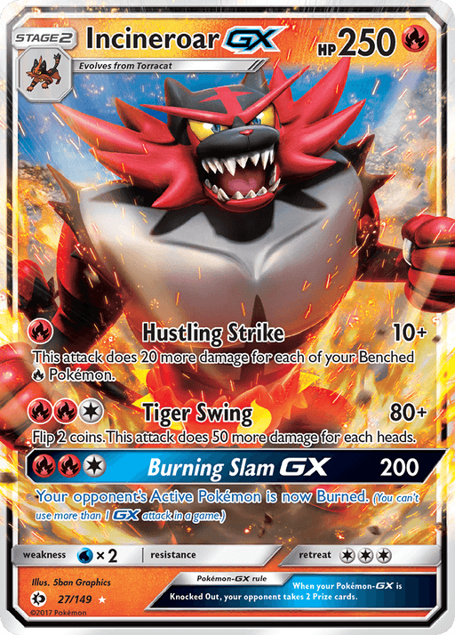 The image shows an Incineroar GX (27/149) [Sun & Moon: Base Set] from the Pokémon brand. Incineroar GX is a Stage 2 Fire-type Pokémon with 250 HP. The card details moves: Hustling Strike (10+), Tiger Swing (80+), and Burning Slam GX (200). Weakness: Water x2, Resistance: None, Retreat Cost: 2.