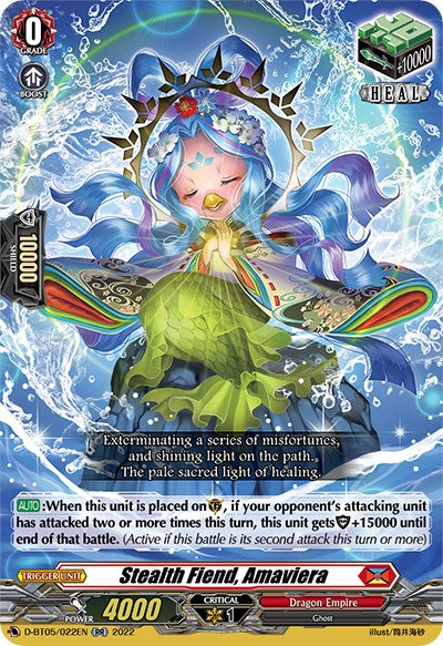 A trading card produced by Bushiroad depicts "Stealth Fiend, Amaviiera (D-BT05/022EN)" from the Dragon Empire in the Triumphant Return of the Brave Heroes set. This Grade 0, Double Rare ghost card boasts 4000 power, a 15000 shield, and features a heal trigger with a critical value of 1. The ghostly character, adorned in green and blue, stands illustrated above detailed abilities.