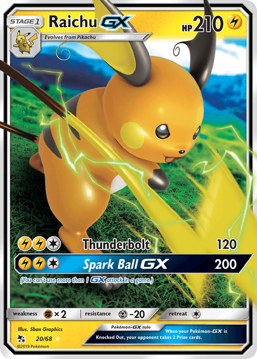 An image of a Raichu GX (20/68) [Sun & Moon: Hidden Fates] card from Pokémon. Raichu is depicted ready to attack, surrounded by a yellow electrical aura. As a Stage 1 card with 210 HP, it features Thunderbolt (120 damage) and Spark Ball GX (200 damage), with weaknesses to Fighting-types and resistance to Metal-types.