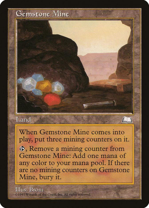 A "Magic: The Gathering" product titled Gemstone Mine [Weatherlight] illustrates a cave filled with colorful gemstones. As a land type, it comes into play with three mining counters and can add mana by removing these counters.
