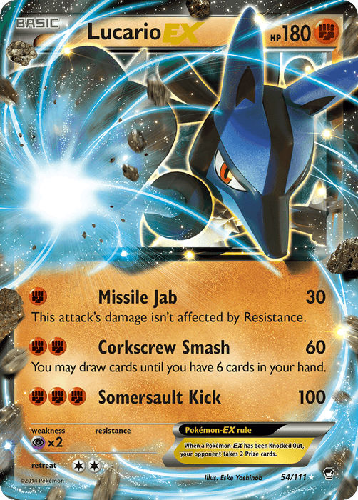 The image features a Lucario EX (54/111) [XY: Furious Fists] card from Pokémon. The card details include an HP of 180 and moves: Missile Jab (30 damage), Corkscrew Smash (60 damage), and Somersault Kick (100 damage). The card is numbered 54/111 and illustrated by Eske Yoshinob. The dynamic background crackles with electric and fiery.