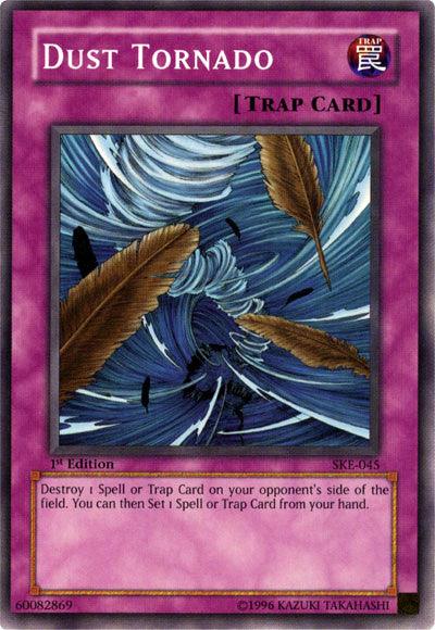 A "Yu-Gi-Oh!" card named "Dust Tornado [SKE-045] Common." The card's background is purple. The artwork depicts a swirling tornado with several floating feathers in brown and black. As a Normal Trap from the Starter Deck: Kaiba Evolution, its text reads: "Destroy 1 Spell or Trap Card on your opponent's side of the field. You can then Set 1 Spell or Trap