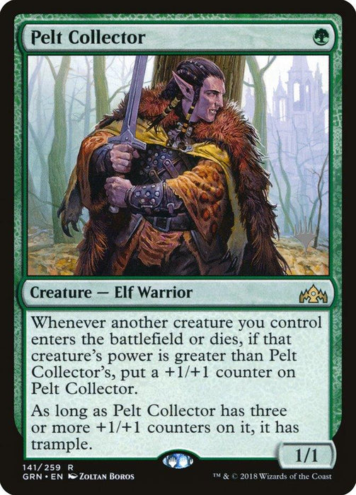 The image is a rare playing card titled "Pelt Collector (Promo Pack) [Guilds of Ravnica Promos]" from Magic: The Gathering. It features an Elf Warrior with long hair, a fur cloak, and a sword. The card details two effects: adding a +1/+1 counter when a stronger creature enters or dies, and gaining trample if it has three or more +1/+1 counters. It is 1/1 power/toughness.