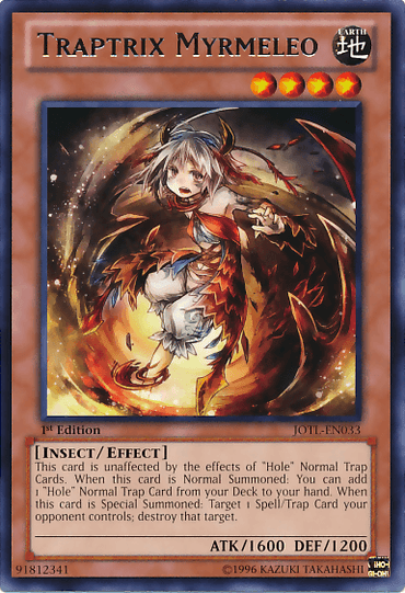 The image shows a "Traptrix Myrmeleo [JOTL-EN033] Rare" Yu-Gi-Oh! trading card. The card features an insect-like female character with white hair and orange eyes, wearing a dark, ornate outfit. She is surrounded by red and purple aura effects. This 1st Edition Effect Monster includes detailed stats and effects.