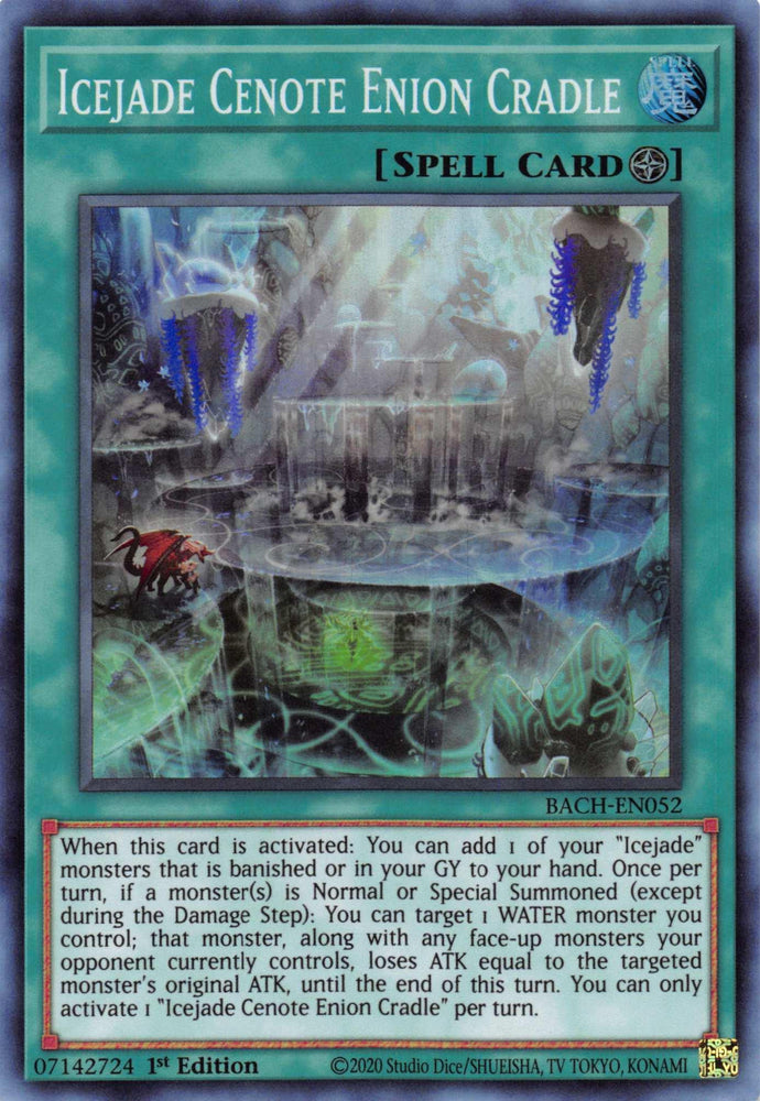 The image shows a Yu-Gi-Oh! card titled "Icejade Cenote Enion Cradle [BACH-EN052] Super Rare," a Field Spell from the Battle of Chaos set. Its artwork features an underwater cave illuminated by glowing, crystalline structures and aquatic elements. The card includes detailed text explaining its effects and usage with "Icejade" monsters in gameplay.