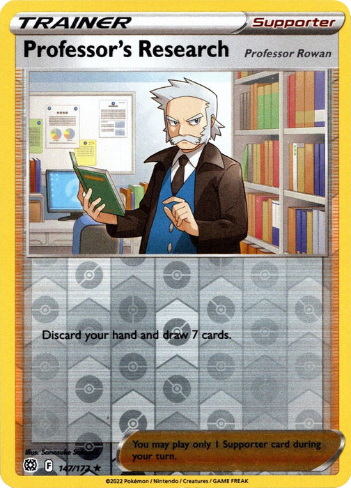A Pokémon trading card titled "Professor's Research" features Professor Rowan reading a book in a library. This Supporter type card under the Trainer category has the description, "Discard your hand and draw 7 cards." It's part of the Pokémon Professor Program Promos series and is numbered Professor's Research (147/172) (2021).