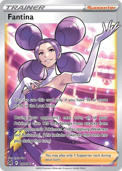 A Pokémon trading card featuring the character Fantina (191/196) [Sword & Shield: Lost Origin], a Supporter Trainer from Pokémon. Fantina has purple hair styled in large, spherical buns and is dressed in a shiny outfit with long gloves. As an Ultra Rare card, it details her ability to reduce damage from opponent's Pokémon V if there are 10 cards in the Lost Zone.