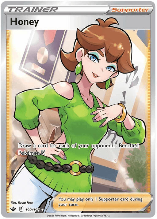 A Pokémon trading card from the Sword & Shield: Chilling Reign series features "Honey (192/198) [Sword & Shield: Chilling Reign]" by Pokémon. Honey, with light brown hair styled in an updo, wears a green top, brown belt, and green pants. The Ultra Rare card includes text instructions and an illustration in the background. Card number 192/198.