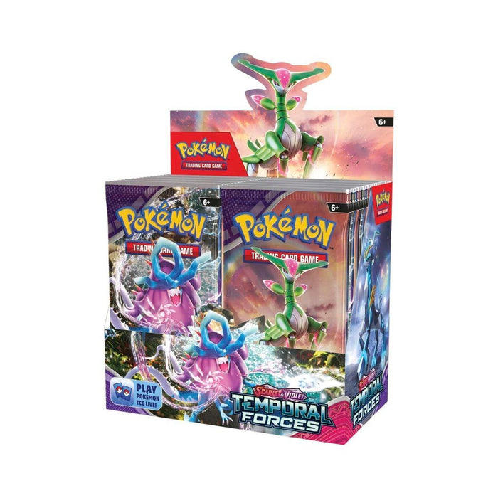 A display box of Pokémon Scarlet & Violet: Temporal Forces - Booster Box packs from the "Temporal Forces" series. The box features vibrant artwork, including the Pokémon Palkia and Dialga, set against cosmic and temporal-themed backgrounds. Inspired by the Scarlet & Violet expansion, it contains multiple individual card packs and is marked suitable for ages 6+.