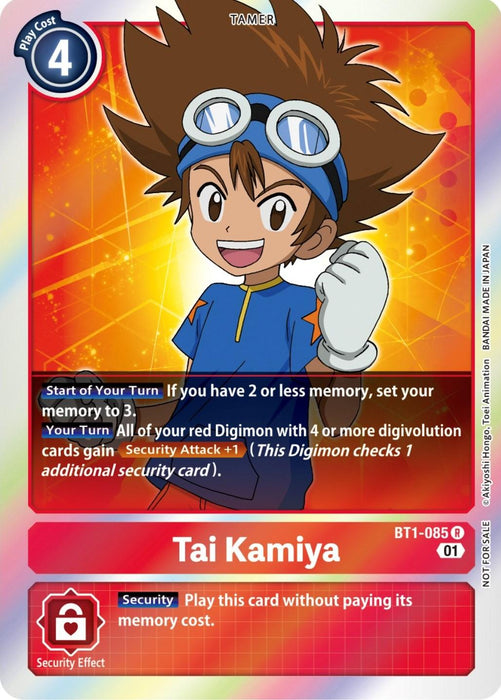 A Digimon trading card named Tai Kamiya [BT1-085] from the ST-11 Special Entry Pack in the Release Special Booster Promos series, featuring a character with spiky brown hair and goggles on his forehead. This Tamer card has a play cost of 4 and details Security Attack in the blue effect text box, along with an energetic smile from Tai Kamiya.