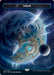 A stylized, cosmic depiction of a "Magic: The Gathering Island (241) (Orbital Space-ic Land) [Unfinity]" in a fantasy card art style. The large planet, adorned with swirling blue and white patterns resembling water, emits bright, radiant points of light. A smaller, darker moon orbits nearby. The card's artist is Adam Paquette from the Unfinity set.