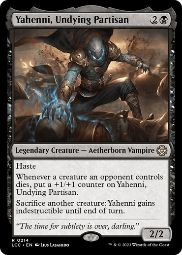 The image is a Magic: The Gathering card titled "Yahenni, Undying Partisan [The Lost Caverns of Ixalan Commander]." This Aetherborn Vampire appears as a shadowy figure with glowing eyes amidst debris, and its card text details abilities such as haste and gaining indestructibility by sacrificing other creatures.