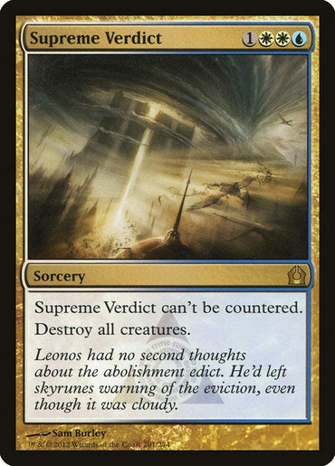 An image of the Magic: The Gathering card "Supreme Verdict [Return to Ravnica]" from the Return to Ravnica set. The card features artwork of a beam of light piercing stormy skies and striking a city. The text reads, "Supreme Verdict can't be countered. Destroy all creatures." Flavour text: "Leonos had no second thoughts about the abolishment edict...