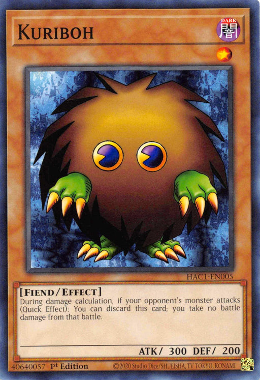 A Kuriboh [HAC1-EN005] Common Yu-Gi-Oh! card from the Hidden Arsenal series featuring a small, fluffy, brown monster with green claws and large, expressive eyes. The card’s number is HAC1-EN005. It's a 1st Edition Fiend/Effect monster card with 300 ATK and 200 DEF, equipped with a Quick Effect to prevent damage during its opponent's attack.