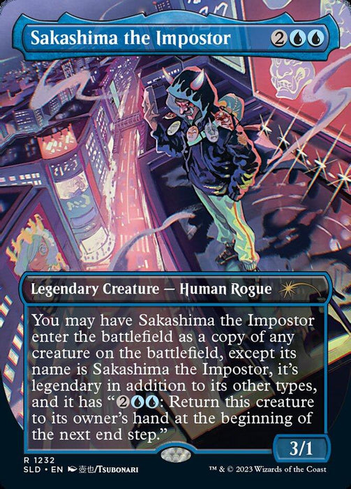 A Magic: The Gathering card titled "Sakashima the Impostor (Borderless) [Secret Lair Drop Series]." This card from Magic: The Gathering features a colorful illustration of a cloaked figure in an urban, neon-lit setting. As a legendary creature, Human Rogue with a power/toughness of 3/1 and a mana cost of 2UU, its abilities are intriguingly detailed.