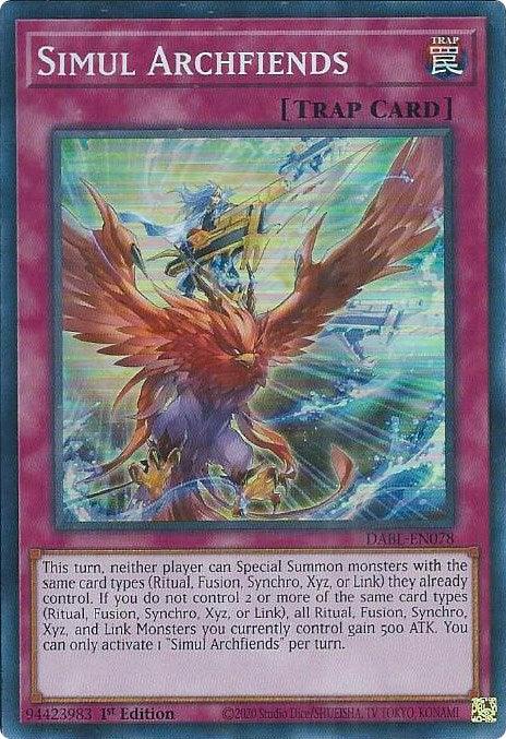 The image depicts a Yu-Gi-Oh! Super Rare Trap Card named "Simul Archfiends [DABL-EN078] Super Rare." The card has a purple border and features an illustration of a winged creature with luminous eyes, surrounded by lightning and mystical energy. The card's effect text is at the bottom, along with its unique identifier code in the bottom left corner.