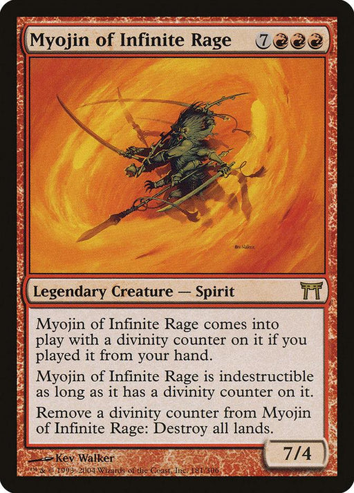 The Magic: The Gathering card titled "Myojin of Infinite Rage [Champions of Kamigawa]" features a Legendary Creature—a ghostly Spirit warrior in tattered armor, holding a sword engulfed in red and yellow flames. With seven casting cost and 7/4 power and toughness, its text describes unique abilities and the divinity counter mechanic.