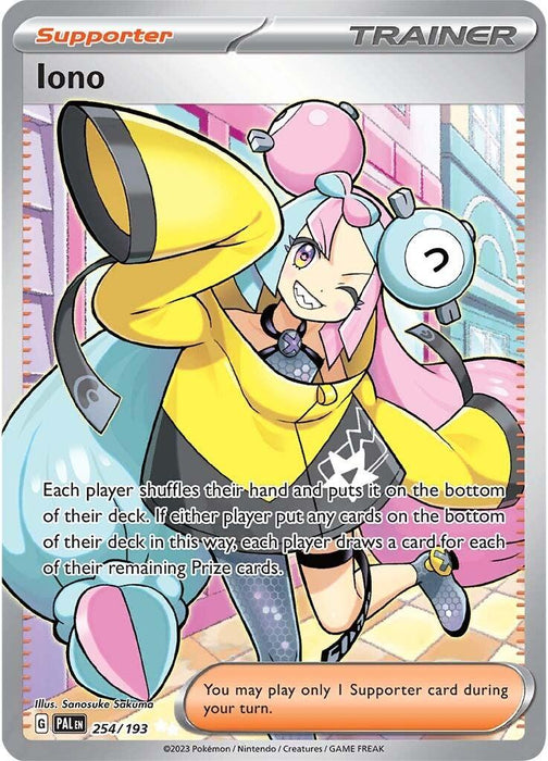 Supporter Trainer card from Pokémon's Scarlet & Violet series featuring Iono. Iono stands with arms raised and winking, wearing a yellow jacket, teal and pink hair in buns with Pokéball hair ties. Text: "Each player shuffles their hand into the bottom of their deck, then draws for each remaining Prize card." Pokémon Iono (254/193) [Scarlet & Violet: Paldea Evolved] Ultra Rare.