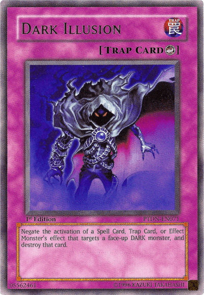 A Yu-Gi-Oh! card titled "Dark Illusion [PTDN-EN071] Rare," categorized as a Counter Trap Card. The card features a hooded, menacing figure enveloped in shadows with glowing, white eyes and an outstretched hand. Text below describes its effect: negates activation of cards targeting a face-up DARK monster and destroys them.