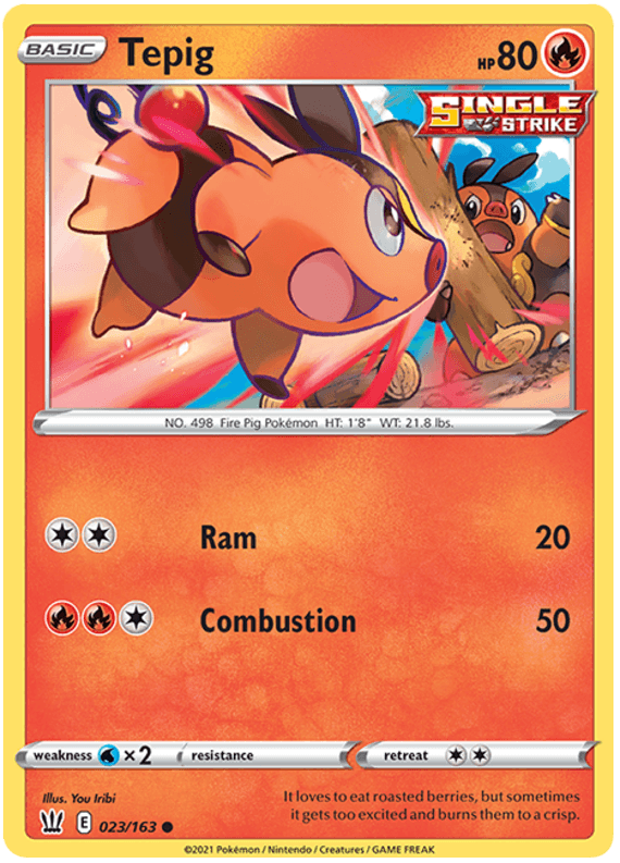 A common Pokémon trading card from Pokémon featuring Tepig (023/163) [Sword & Shield: Battle Styles]. Tepig is a small, orange, pig-like creature with pointed ears, a curly black tail, and a yellow nasal bridge. Its HP is 80 with moves Ram (20) and Combustion (50). The background depicts a fiery scene with another Pokémon.