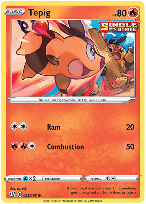 A common Pokémon trading card from Pokémon featuring Tepig (023/163) [Sword & Shield: Battle Styles]. Tepig is a small, orange, pig-like creature with pointed ears, a curly black tail, and a yellow nasal bridge. Its HP is 80 with moves Ram (20) and Combustion (50). The background depicts a fiery scene with another Pokémon.