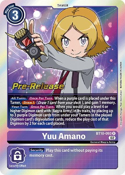 A Digimon card named Yuu Amano [BT10-093] [Xros Encounter Pre-Release Cards], featuring Tamer Yuu Amano, a character with blond hair in a purple and black outfit, holding a device. The card outlines various game rules and effects, such as drawing cards and Digimon-specific conditions. Text includes 