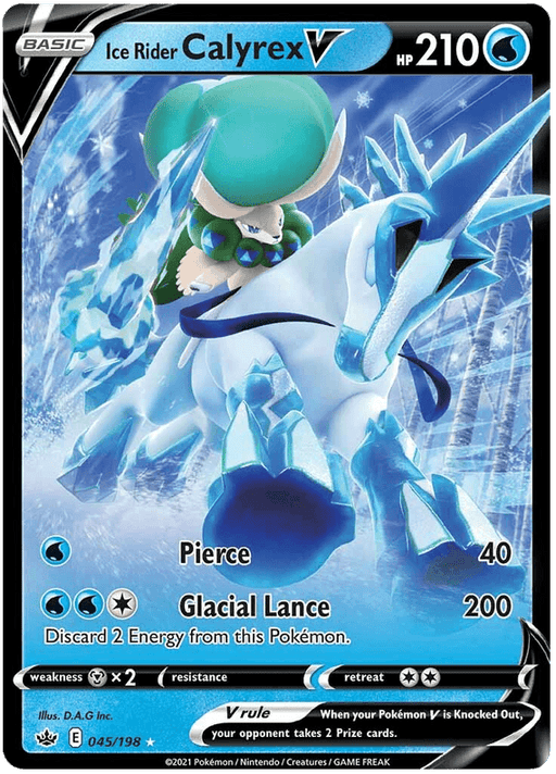 A Pokémon trading card featuring the Ultra Rare Ice Rider Calyrex V (045/198) [Sword & Shield: Chilling Reign] from Pokémon. Calyrex is depicted riding a large, icy unicorn-like Pokémon. The card shows HP 210, and the attacks “Pierce” and “Glacial Lance,” against a chilling, water-themed background. Bottom lists illustrator and Chilling Reign set info “045/198.”