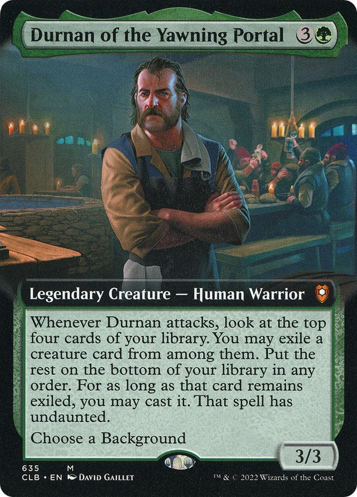 A Magic: The Gathering card titled "Durnan of the Yawning Portal (Extended Art) [Commander Legends: Battle for Baldur's Gate]" is depicted. This Legendary Creature, featured in Commander Legends: Battle for Baldur's Gate, shows a bearded, muscular man with long hair and rolled-up sleeves standing at a bar. The card has detailed rules text and boasts a 3/3 power and toughness rating.