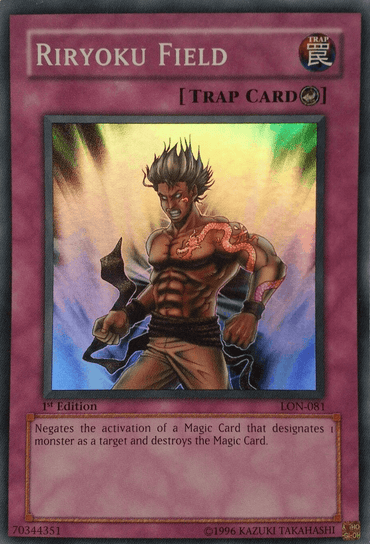 The "Riryoku Field [LON-081] Super Rare" Yu-Gi-Oh! card features a muscular man with spiked hair and a snake tattoo, set against a dynamic background. This 1st edition trap card is highly effective at countering specific Magic Cards with its distinctive effect.