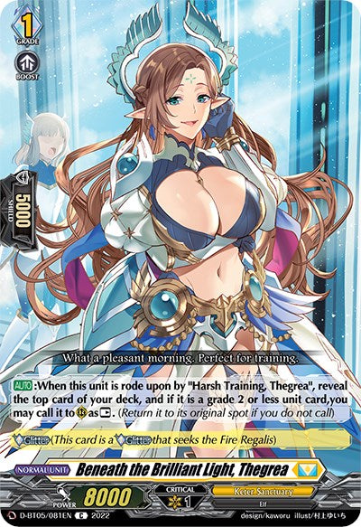 A trading card featuring "Beneath the Brilliant Light, Thegrea" from the Triumphant Return of the Brave Heroes set. She is adorned in detailed, ornate armor with blue and gold accents and a flowing cape. The card displays stats like power "8000" and shield "5000," with game instructions and card type information at the bottom. The card is part of Bushiroad's collection (D-BT05/081EN).