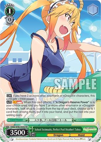 A trading card featuring a character from Miss Kobayashi's Dragon Maid in a swimsuit, stretching her arms behind her head in front of a blue sky and ocean. The card has a power of 3500 and belongs to the "Dragon" and "Maid" categories. Various text boxes describe the abilities and effects of the card. This is the School Swimsuits, Perfect Pool Weather! Tohru [Miss Kobayashi's Dragon Maid] by Bushiroad.