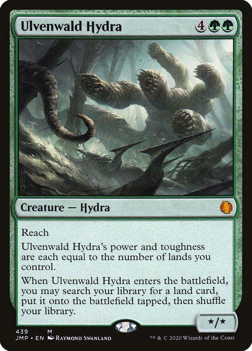 Magic: The Gathering card titled "Ulvenwald Hydra [Jumpstart]." This mythic creature features a large, hydra with multiple heads and dark green, tree-like scales. It has an ability called Reach and a power/toughness equal to the number of lands you control. Part of Magic: The Gathering, this card is a green powerhouse.