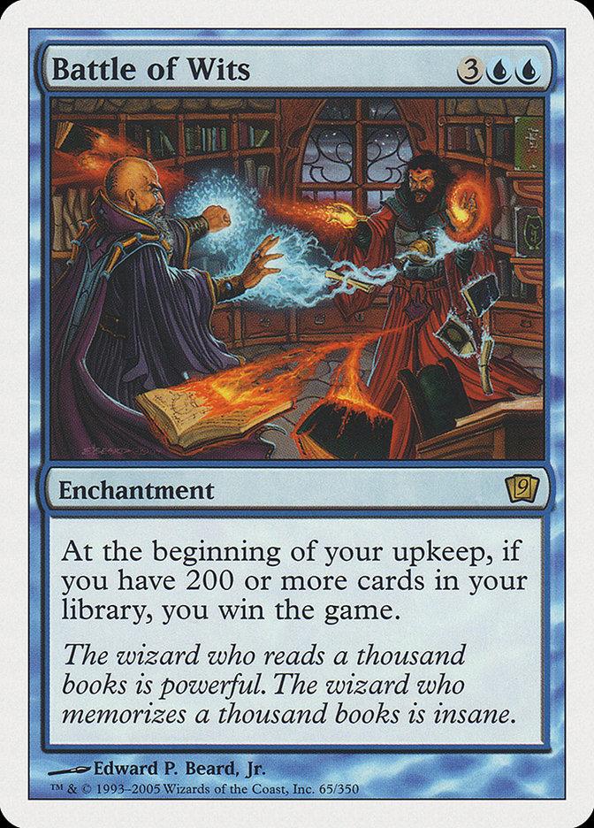 A Magic: The Gathering card titled Battle of Wits [Ninth Edition] is a rare enchantment from the Ninth Edition. It depicts two wizards in a library casting spells at each other. The card is blue and costs 3 blue mana and 2 colorless mana. The text reads, 