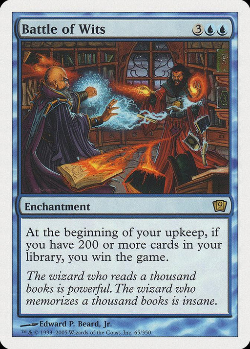 A Magic: The Gathering card titled Battle of Wits [Ninth Edition] is a rare enchantment from the Ninth Edition. It depicts two wizards in a library casting spells at each other. The card is blue and costs 3 blue mana and 2 colorless mana. The text reads, "At the beginning of your upkeep, if you have 200 or more cards in your library, you win