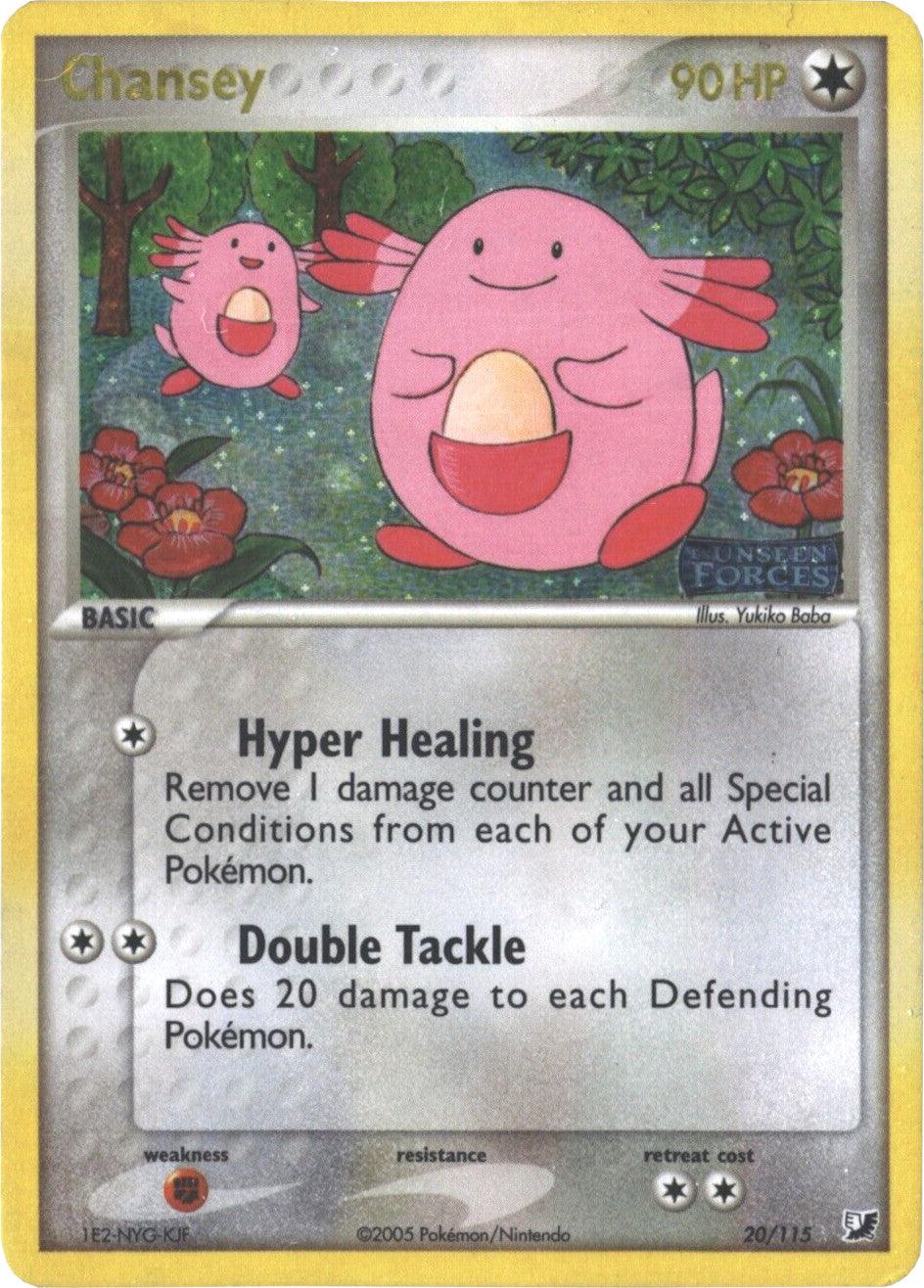 A rare Pokémon trading card featuring Chansey (20/115) (Stamped) [EX: Unseen Forces]. The Colorless card shows an illustration of a pink, egg-shaped Chansey with a happy expression, holding an egg. Two more Chanseys are visible in the background among pink trees. The moves listed are 