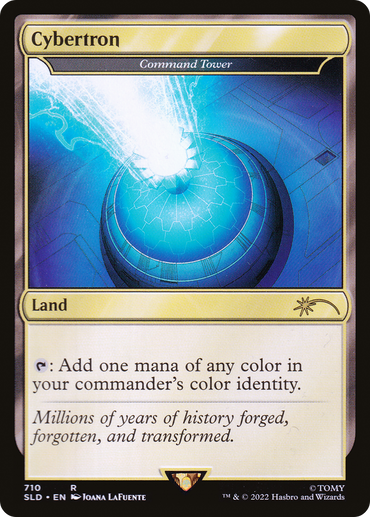 A Magic: The Gathering card titled "Command Tower - Cybertron," featured in the Secret Lair Drop Promos series. This rare land card showcases a dome with a glowing blue energy core at its center, surrounded by mechanical structures. The card text reads: "Tap: Add one mana of any color in your commander's color identity.