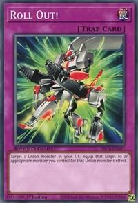 A Yu-Gi-Oh! Normal Trap card titled "Roll Out! [SBCB-EN081] Common" depicts a robot in silver and red armor assembling itself with green energy radiating around it. This Speed Duel card features text and various symbols, including "1st Edition" and its unique code in the bottom corner.