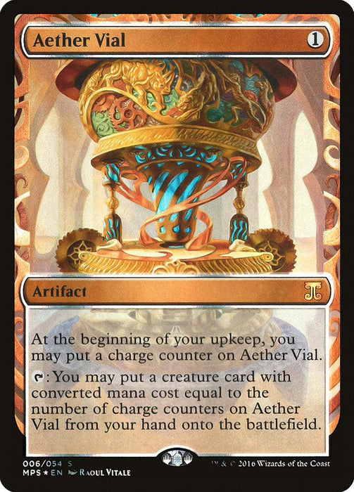 The image shows an Aether Vial [Kaladesh Inventions] Magic: The Gathering card. This artifact has a casting cost of 1 and gains charge counters at the start of upkeep, letting you put a creature onto the battlefield if its mana cost matches the number of charge counters on Aether Vial.