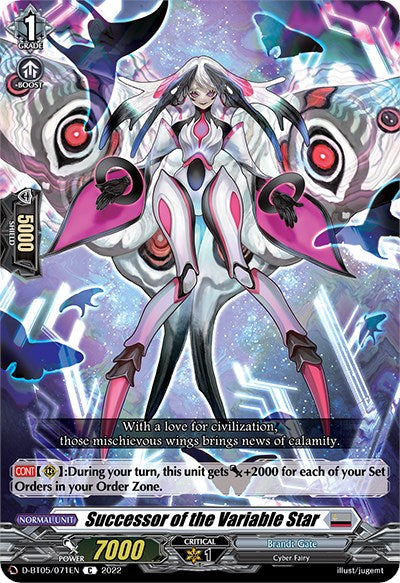 A Bushiroad trading card from the set "Triumphant Return of the Brave Heroes," titled "Successor of the Variable Star" (D-BT05/071EN), portrays a futuristic female character with long silver hair, pink and white armor, and striking red eyes. She exudes an ethereal glow, akin to a Cyber Fairy, surrounded by abstract star-like designs. The card includes gameplay stats and abilities at the bottom.