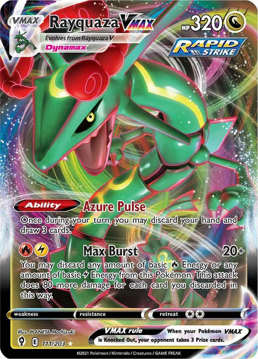 A vibrant Pokémon card from Sword & Shield: Evolving Skies featuring the Rayquaza VMAX (111/203) [Sword & Shield: Evolving Skies] with 320 HP. The Ultra Rare card showcases Rayquaza in bright green and red with swirling energy. It has abilities like Azure Pulse and Max Burst, prominently displayed alongside the illustrator's name and card number 111/203.